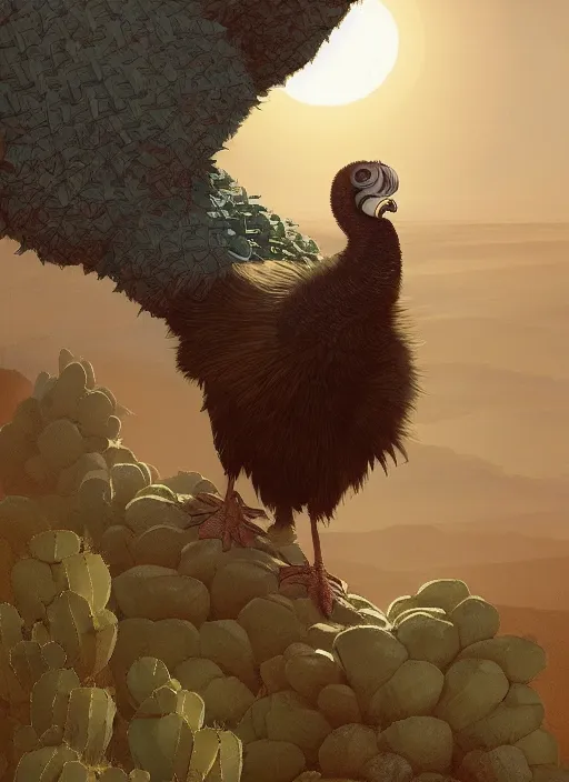 Prompt: A dodo bird perched atop a cactus in the desert, digital art, trending on Artstation, high detail, sharp focus, illustration, art by artgerm and greg rutkowski and alphonse mucha.