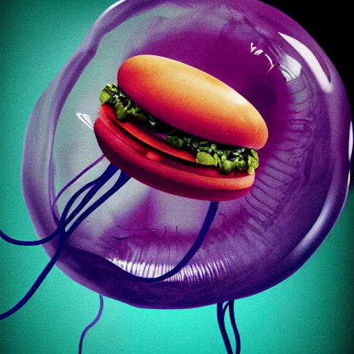 Image similar to hamburger mix jellyfish, cg, 8 k, surrealistic, sharp focus, style by andy warhol