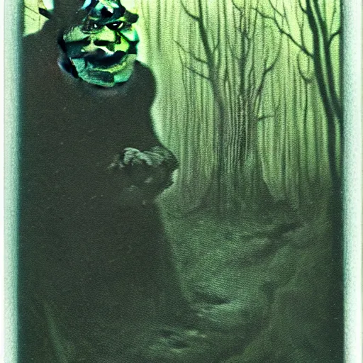 Image similar to old polaroid of creepy shrek staring from the depths of the dark gloomy forest, art by beksinski, bernie wrightson, john carpenter, creepy pasta, photorealistic, grainy, found footage, old film, low quality, horror, creepy, unsettling, terrifying