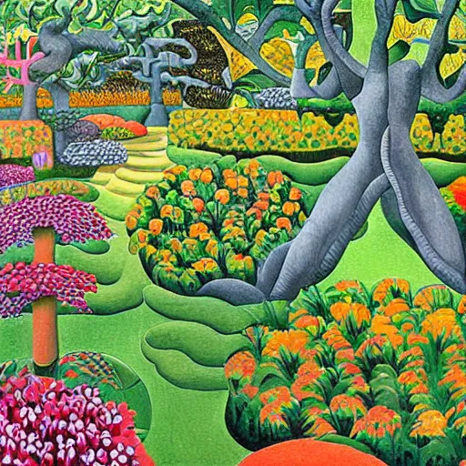 Prompt: intricate garden, painting by mc escher - a