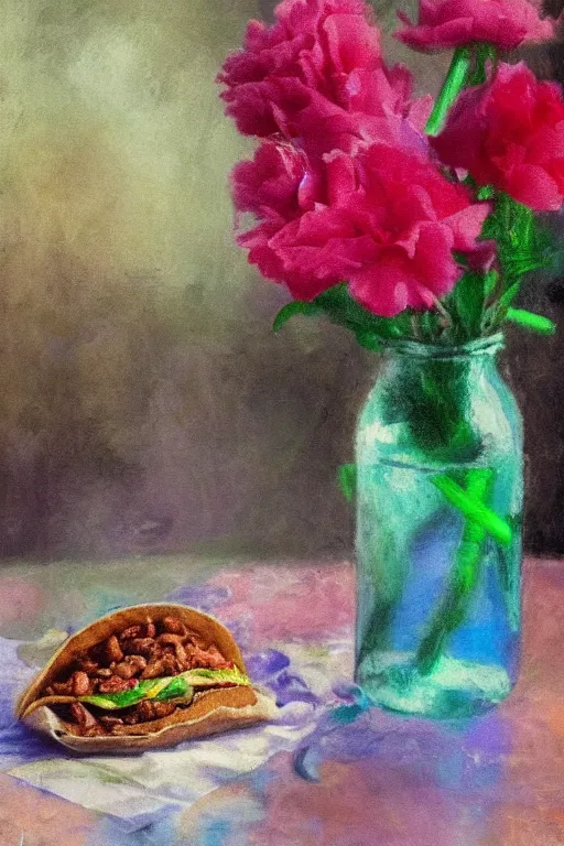 Prompt: taco bell meal sitting next to mountain dew in a clear plastic cup with straw next to a single pink carnation in a glass jar in front of a brown background, oil painting, impressionism, negative mood, low energy