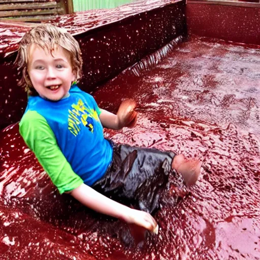 Prompt: photo of a kid sliding through chocolate pudding head first, slip n slide