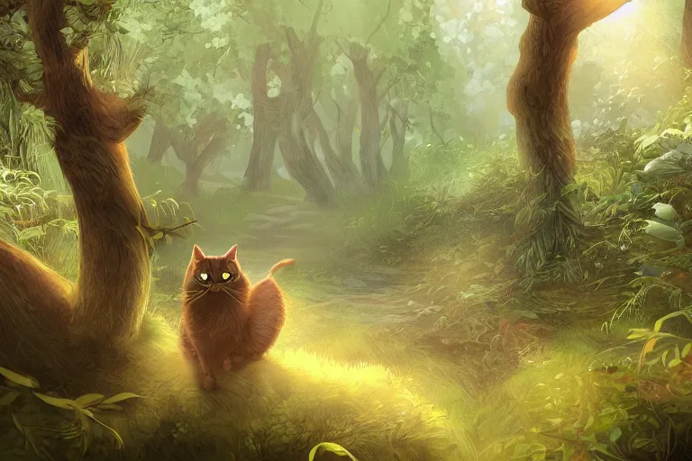 Image similar to a cat in a forest, highly detailed, digital art, trending on artstation, backlighting, by kawacy