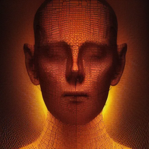 Image similar to expressive portrait of the digitally glitched soul, data, dramatic lighting, god rays, edges, universal background, facial expression, atmospheric lighting, motion design, by Beksinski, maze, sharp focus