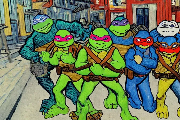 Image similar to teenage mutant ninja turtles meet the beastie boys, painted by vincent van gogh