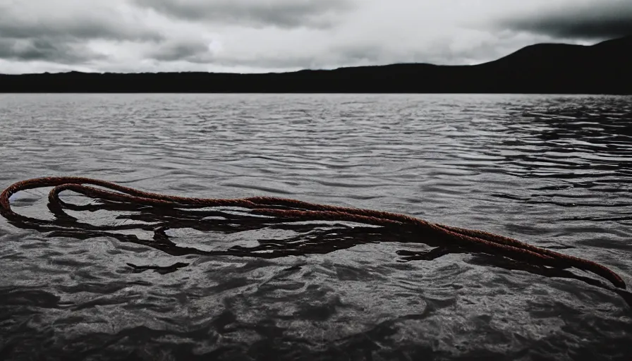 Image similar to wide shot of a rope on the surface of water, in the middle of a lake, overcast day, rocky foreground, 2 4 mm leica anamorphic lens, moody scene, stunning composition, hyper detailed, color kodak film stock