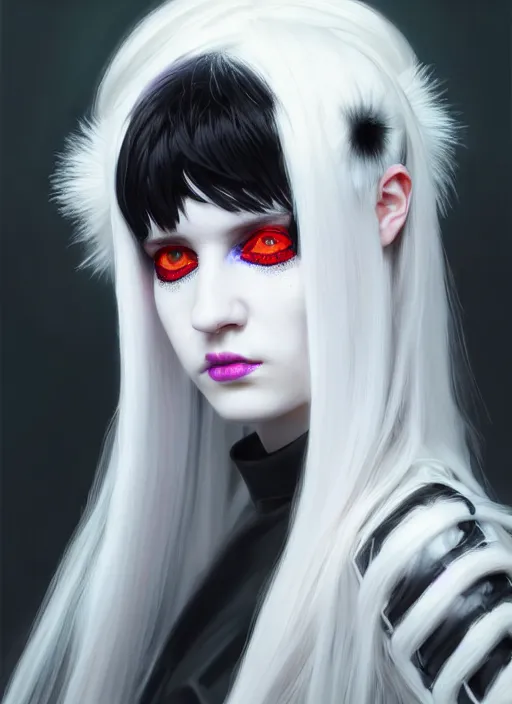 Prompt: whitebangs, black hair, black cyberlox, portrait of white teenage girl, normal face, white bangs, fluffy bangs, cyberlox, whitebangs, red contact lenses, purple lipstick, intricate, elegant, highly detailed, digital painting, artstation, concept art, sharp focus, smooth, illustration, art by wlop, mars ravelo and greg rutkowski