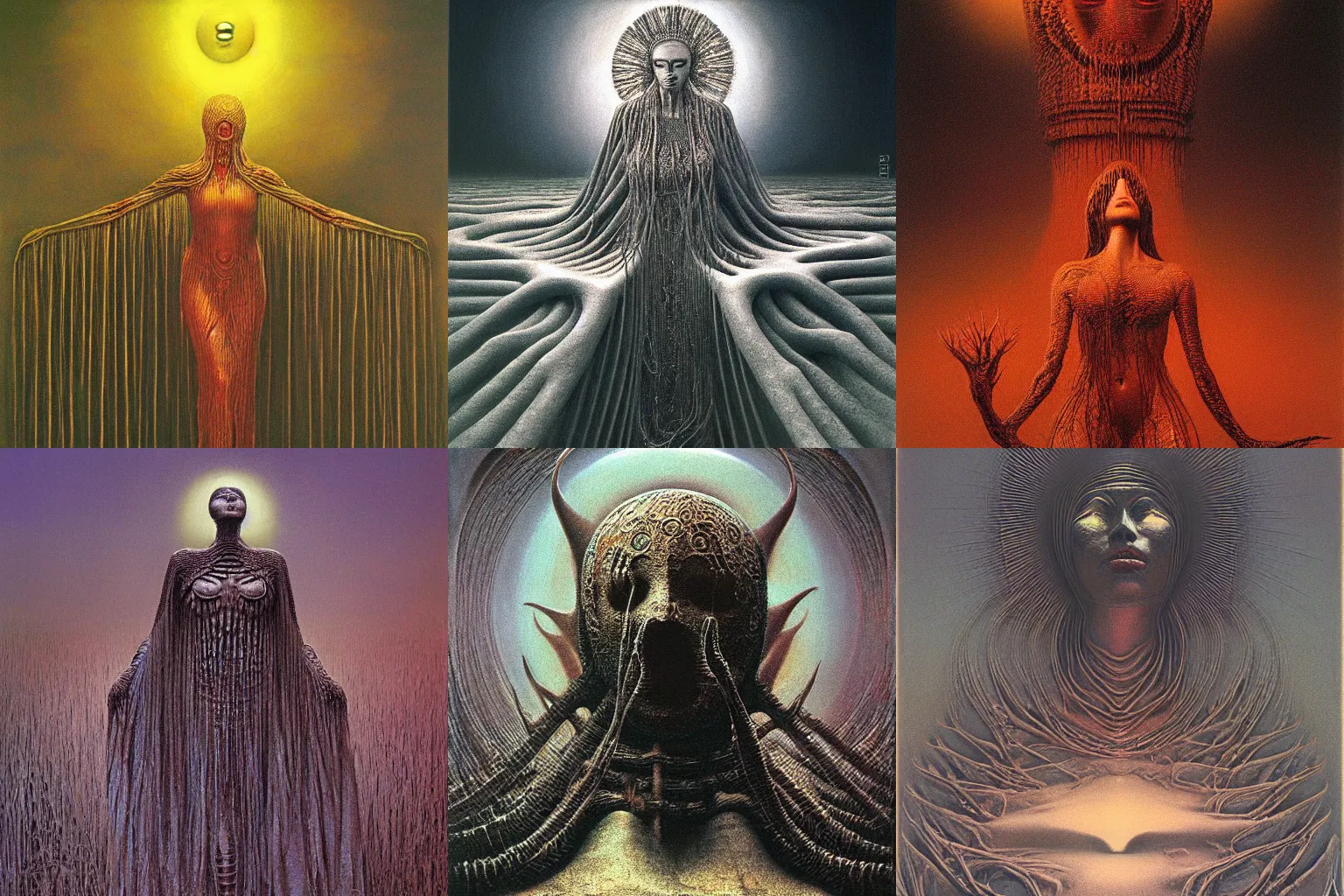 Prompt: The queen of the sun by Zdzislaw Beksinski and H.R. Giger, oil on canvas