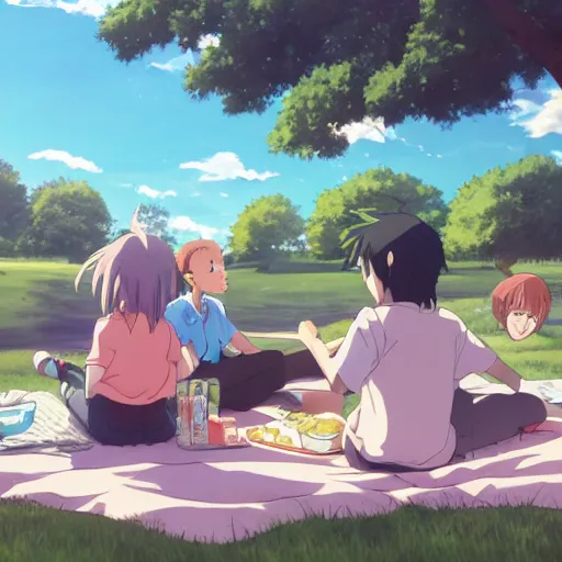 Prompt: Anime of an happy family with two boys of 10 years old and 5 years old, in Vincennes parc having a pic nic, beautiful weather, peaceful cloud, by Makoto Shinkai and James Gilleard