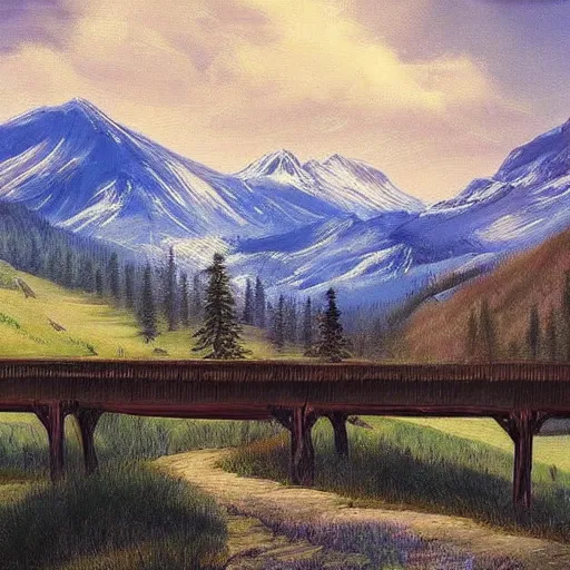 Image similar to a wooden bridge between two mountain peaks,painting,beautiful,romanticism