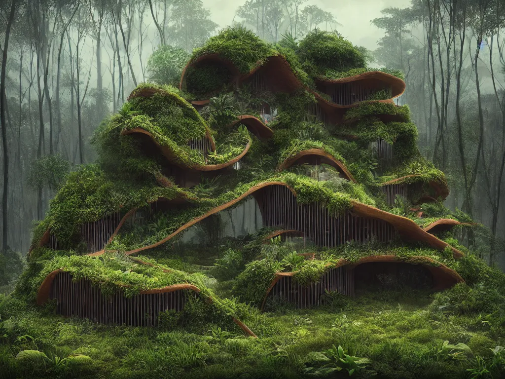 Prompt: beautiful organic house made from strange plants, in a forest, architectural render, futuresynth, chillwave, vegetal architecture, blender, sunrise, ((mist)), junglepunk, trending on artstation, by gal barkin