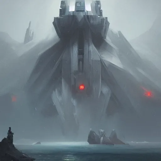 Image similar to star wars concept art by greg rutkowski, a palatial and imposing grey rectangle in the middle of a ocean landscape, enigmatic atmosphere, beautiful and cinematic lighting, artstation hq.