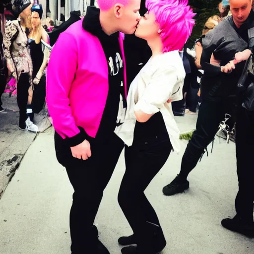 Image similar to feminist woman with pink hair kiss giga chad