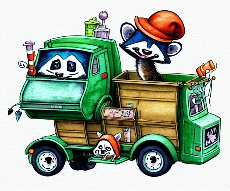 Image similar to cute and funny, racoon wearing a hat riding in a tiny garbage truck, ratfink style by ed roth, centered award winning watercolor pen illustration, isometric illustration by chihiro iwasaki, edited by range murata, tiny details by artgerm and watercolor girl, symmetrically isometrically centered, sharply focused