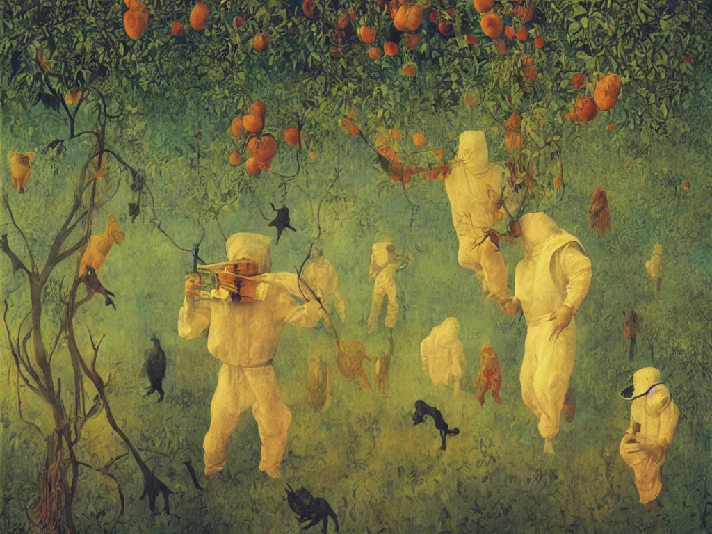 Prompt: man in white beekeeper suit with burning orchard and jungle animals running from the devil. painting by mikalojus konstantinas ciurlionis, bosch, wayne barlowe, agnes pelton, rene magritte