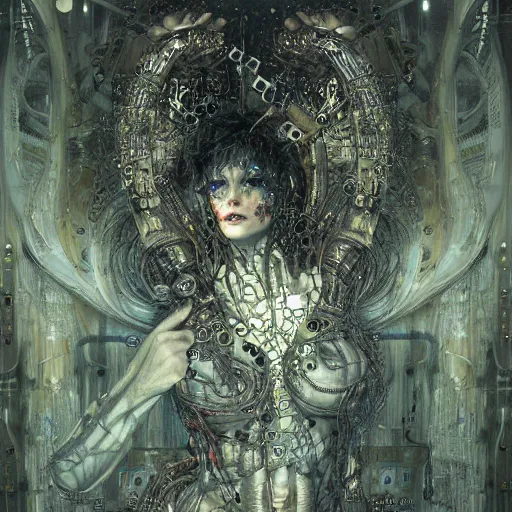 Image similar to horned cybernetic demon trapped in circuitry, intricate detail, klimt, royo, whealan,
