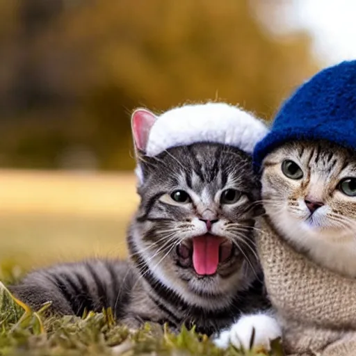 Image similar to cute cat photo, wearing wool hat, tongue mlem, cat ears