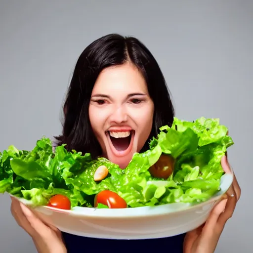 Prompt: happy woman eating salad, stock photograph, studio lighting, 4k