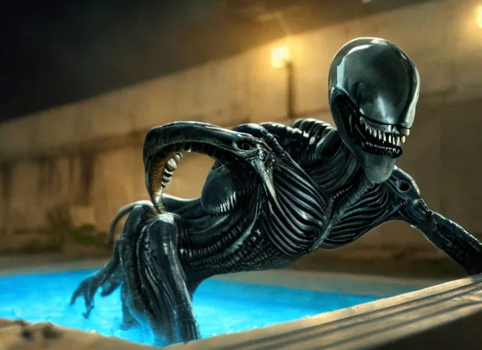 Image similar to film still of xenomorph swimming in a pool at night in the new alien movie, 4 k