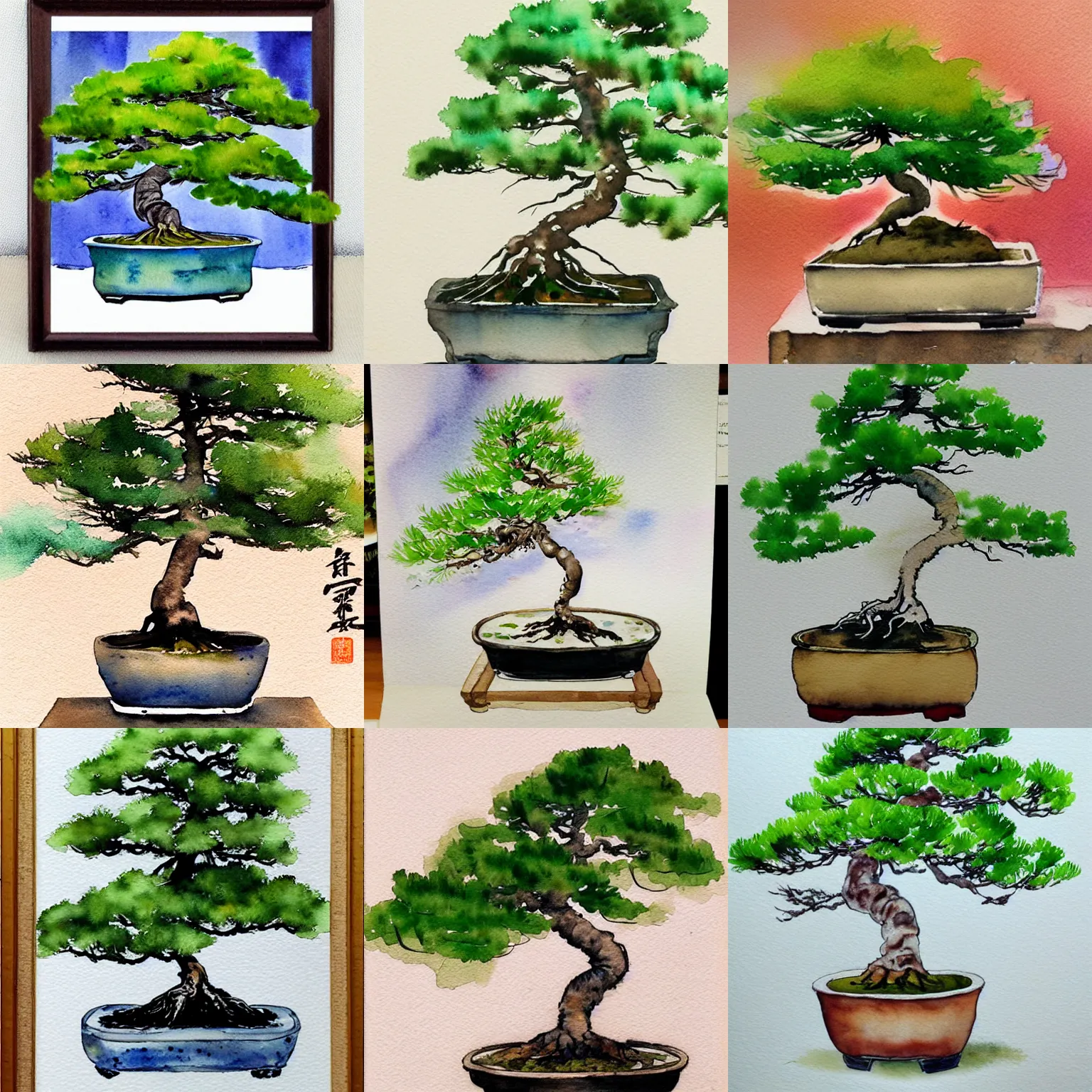 Prompt: bonsai tree, loose watercolor painting, expressive brush strokes, Japanese watercolor, museum quality