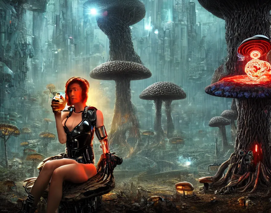 Image similar to photo of an intricate and sophisticated terminator woman with borg enhancements sitting on a giant mushroom in a weird magical forest and drinking a cup of tea. Very detailed 8k. Fantasy cyberpunk horror