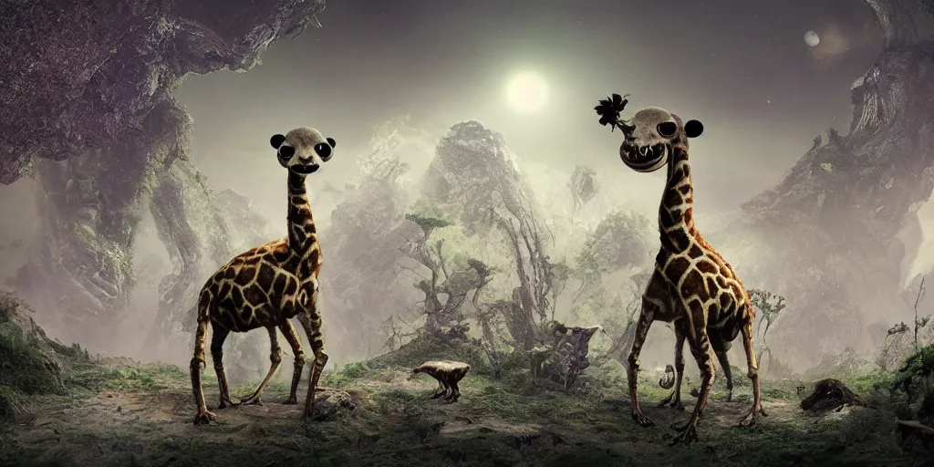 Image similar to alien giraffe panda frog on alien planet, lowbrow, 8 k, matte painting,