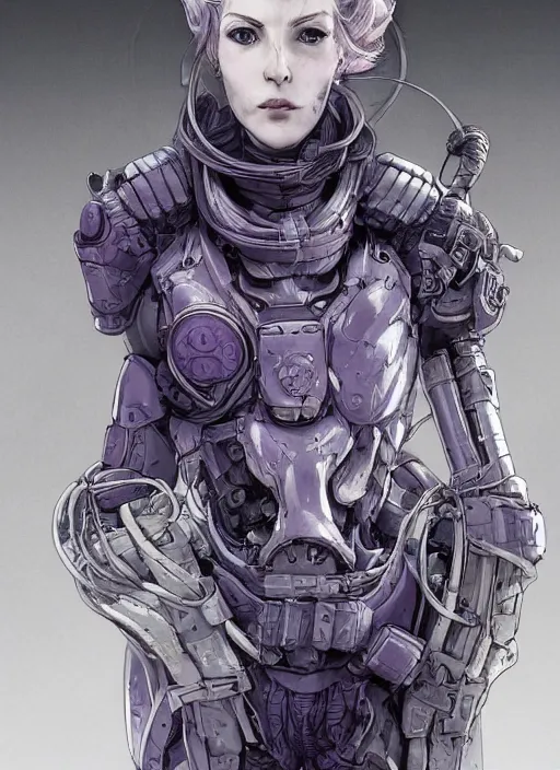 Prompt: close up portrait of a pale woman in power armor with intricate purple hair, powerful, domineering, stoic, masterful, intense, ultrafine hyperdetailed illustration by kim jung gi, irakli nadar, intricate linework, sharp focus, octopath traveler, yoji shinkawa, yoshitaka amano, concept art