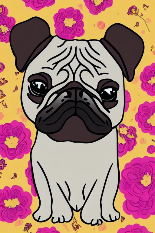 Image similar to portrait of a flower pug, art by milka oxana, sticker, colorful, illustration, highly detailed, simple, smooth and clean vector curves, no jagged lines, vector art, smooth