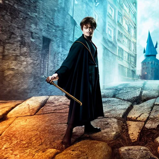 Prompt: Harry potter standing and holding a short wand, magic aura, side view, daniel radcliffe, thunderclouds, cinematic shot, wide shot, epic scale, waving robe movement, photorealistic detail and quality, intricate cobblestone, floating rocks, particle effects, movie still, nighttime, crescent moon, sharp and clear, action shot, intense scene, visually coherent, symmetry, rule of thirds, movement, photorealistic colors, cool colors transitioning to warm colors, modest tone, award winning, directed by Steven Spielberg, Christopher Nolan, Tooth Wu, Asher Duran, artstation