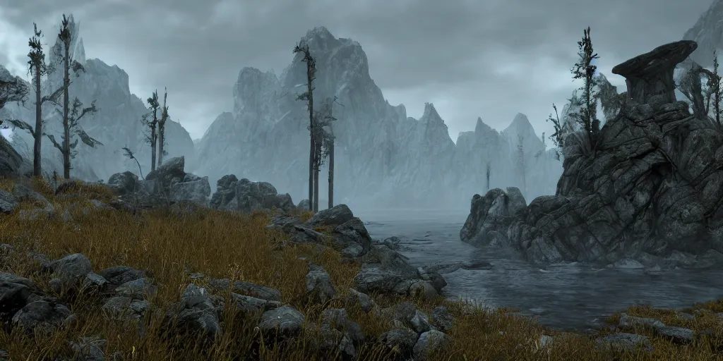 Image similar to a landscape of skyrim, unreal engine 5, photorealism