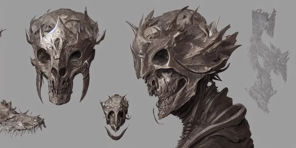 Image similar to bone mask design, character sheet, Moebius, Greg Rutkowski, Zabrocki, Karlkka, Jayison Devadas, Phuoc Quan, trending on Artstation, 8K, ultra wide angle, zenith view, pincushion lens effect.