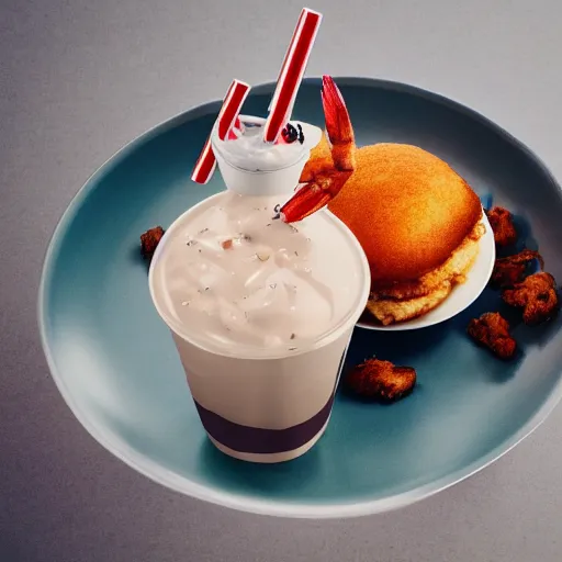 Image similar to a kfc milkshake next to a shrimp wearing a dress, on a beautiful plate, food photography, studio lighting, hyper realistic, sharp focus, hyper - detailed, 8 k resolution