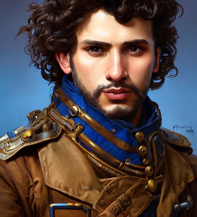 Prompt: portrait of a man with brown curly hair and deep brown eyes wearing a blue traditional 1 9 th century military jacket, metal shoulder pauldrons, intricate, highly detailed, digital painting, artstation, concept art, sharp focus, cinematic lighting, illustration, art by artgerm and greg rutkowski, alphonse mucha, cgsociety