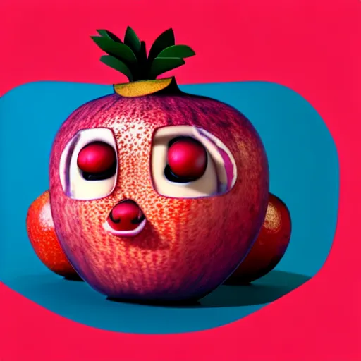 Image similar to fruit character that looks just like michelle obama as a pomegranate, 8 k, fruit eyes, fruit world, beautiful matte painting, by johfra bosschart, hyper realistic, studio lighting, octane render