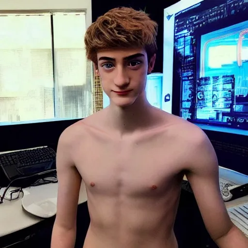 Image similar to “a realistic detailed photo of a guy who is an attractive humanoid who is half robot and half humanoid, who is a male android, twitch streamer Ninja Tyler Blevins, shiny skin, posing like a statue, blank stare, gaming room”