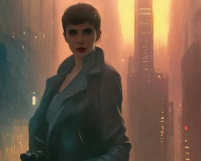 Image similar to 2 0 1 8 blade runner movie still girl look at the cityscape from roof perfect face fine realistic face pretty face neon puffy jacket blue futuristic sci - fi elegant by denis villeneuve tom anders zorn hans dragan bibin thoma greg rutkowski ismail inceoglu illustrated sand storm alphonse mucha