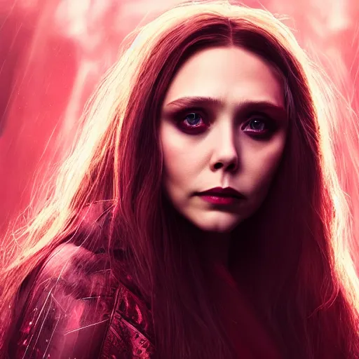 Image similar to Elizabeth Olsen as the Scarlet Witch in emo attire and heavy alt makeup, trending on artstation, gloomy atmosphere, photorealistic facial features, 4k, 8k