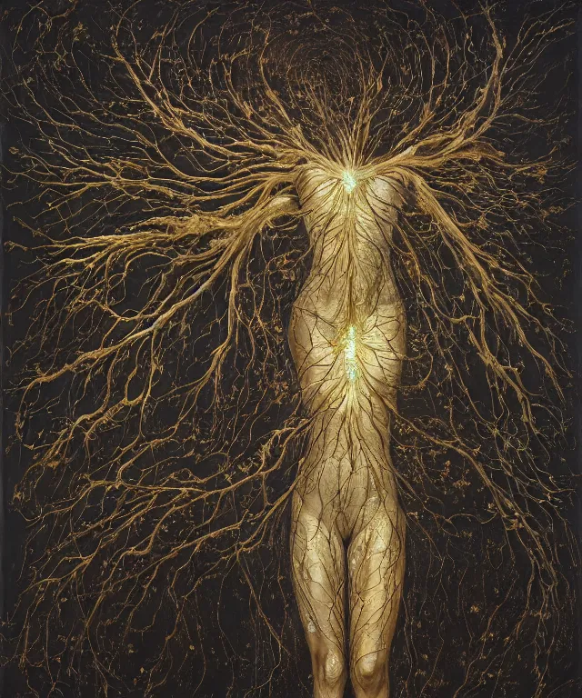 Image similar to Beautiful full-body wax sculpture of a glowing transparent infinite plant with women faces as leaves with visible gold bones covered with melted white wax inside the singularity where stars becoming baroque folds of dark matter by Michelangelo da Caravaggio, Nicola Samori, William Blake, Alex Grey and Beksinski, dramatic volumetric lighting, highly detailed oil painting, 8k, masterpiece