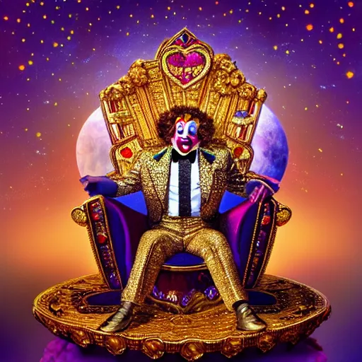 Prompt: shining giant throne made of millions of diamonds, gold and sapphires with thousands of light reflections, and a clown on a tuxedo suit is sitting on the throne while handing an earth globe, dramatic light, digital painting, ultradetailed, artstation, oil painting