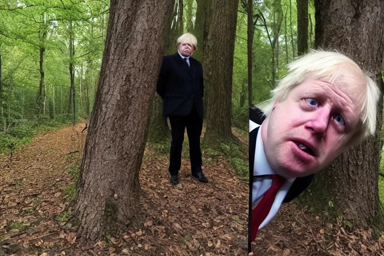 Image similar to derpy boris johnson staring at you from behind a tree in the forest, trailcam footage