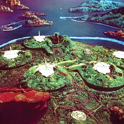 Prompt: “lush utopian solar village on aloha centauri, film still 1970s sci-fi”