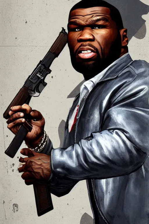Image similar to a medium shot portrait of 5 0 cent as a gta 4 character, he's holding a rifle. intricate detail, trending on artstationhq