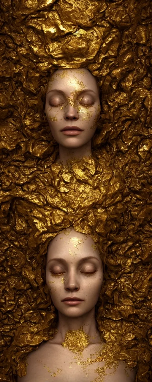 Image similar to portrait photo of a surreal goddess floating in the middle of a ancient wood, gold raining in the background, ultra super good realistic 3D render by Pete Morbacher and Emil Melmoth, insanely detailed, trending on artstation, sharp focus