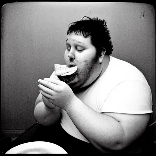 Image similar to a black and white film photograph of a fat man eating a sandwich. holga, lomo, lomography, retro, toy camera, film, tri - x, plus - x, vintage