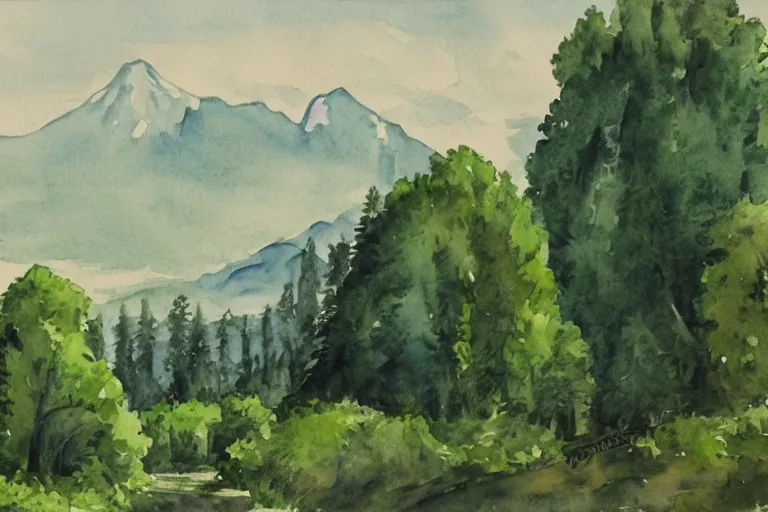 Image similar to green landscape with trees and mountains in the distance, watercolor