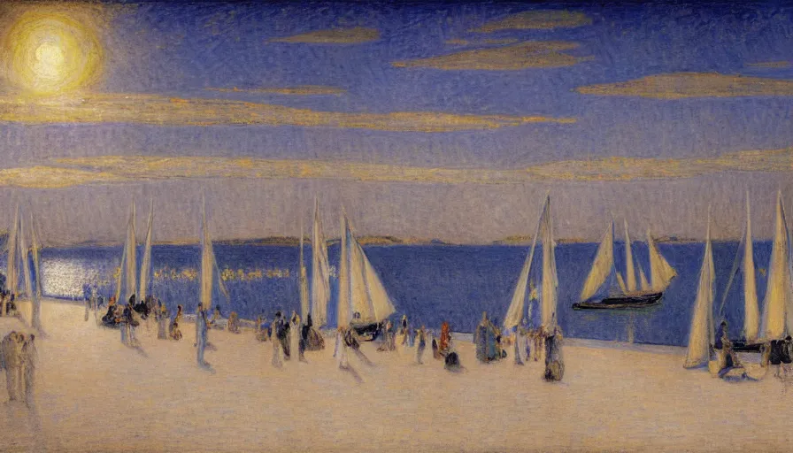 Image similar to a ultradetailed beautiful painting of the night sky of the great greek river golden white palace balustrade designed by jules bastien - lepage, tarsila do amaral, frank weston and gustave baumann, beach, trending on artstation, mediterranean, palm trees, sharp focus, sail boats, soft light, 8 k 4 k