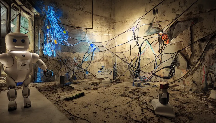 Image similar to robots painting! nature on canvases! in an abandoned brutalis art gallery! cinematic volumetric lighting, tangled wires