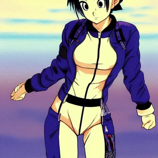 Image similar to a beautiful! boyish! natalie portman bulma from dragonball, alluring gravure! model, wearing hip hop mayan bomber jacket and leotard with native style overalls, bulky poofy bomber jacket with mayan patterns, guilty gear art style, trending on pixiv, painted by makoto shinkai takashi takeuchi studio ghibli, akihiko yoshida