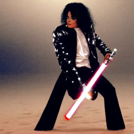 Prompt: Michael Jackson dancing with a lightsaber in Mars