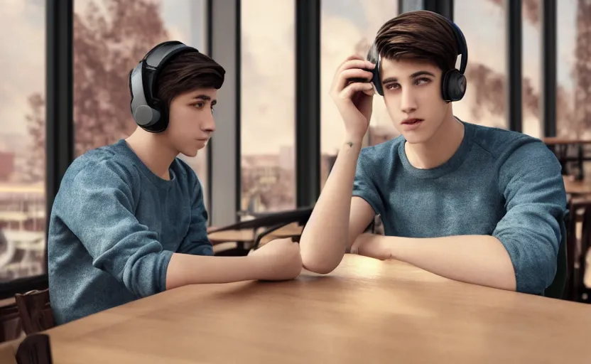 Image similar to a male teenager with headphones in a cafe sitting in front of a table with a coffee, digital painting, masterpiece, digital art, concept art, octane render, unreal engine 5, trending on deviantart, highly detailed, high quality, 4 k, cartoon, high coherence, realistic, anatomically correct, five fingers, relaxing, realistic and detailed face, beautiful, elegant